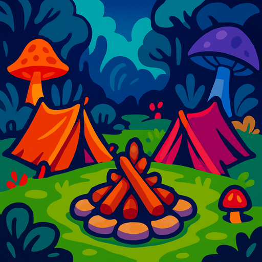 camp area. world imagination. magical. wood of fire but without fire on the middle of the screen.
In-Game asset.  2d.  High contrast.  No shadows