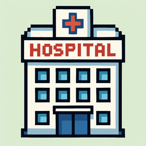 Hospital building 2d pixilated topdown.
In-Game asset.  2d.  High contrast.  No shadows