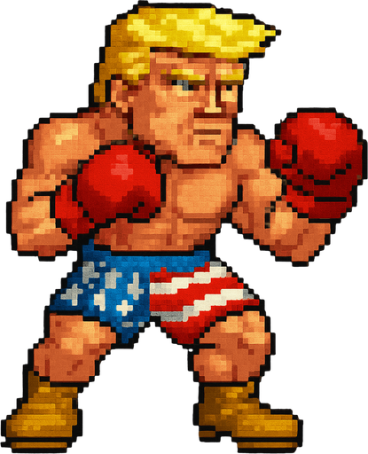 pixel streetfighter style blonde american fighter, looked like donald trump, with american flag short, and boxing gloves