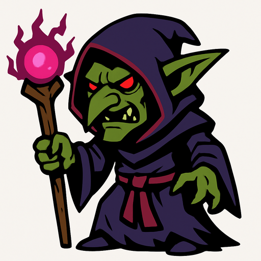 karanlık büyücü goblin.
In-Game asset.  2d.  High contrast.  No shadows