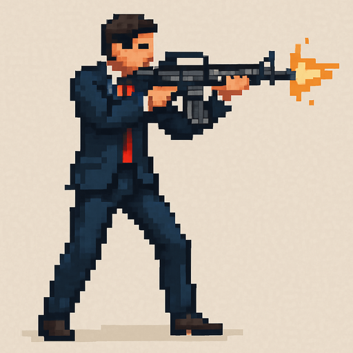 un hombre de traje hecho con pixeles de cuerpo completo apuntando con un  rifle de asalto m4