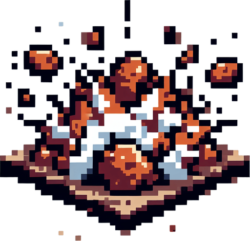 pixel art of a rocky explosion..
Single Game Texture. In-Game asset. 2d. Blank background. High contrast. No shadows.