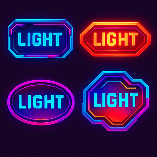 Buttons random shapes & have text 'Light'. HD colors. Cyberpunk. Abstract. Different colors.
In-Game asset.  2d.  High contrast.  No shadows