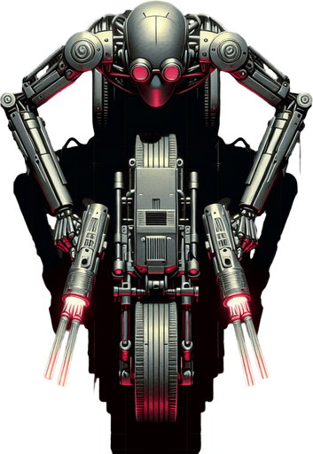 A thin robot with goggles riding a hover-bike. Twin blaster guns mounted on front. Top down view. Birds Eye view. Cyberpunk with red glowing highlights...
Single Game Texture. In-Game asset. 2d. Blank background. High contrast. No shadows.