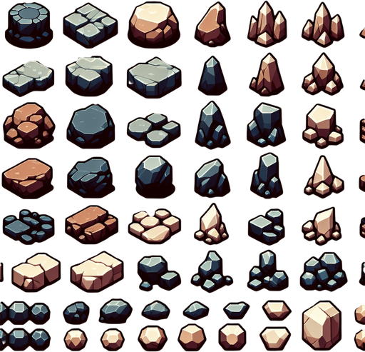 Create a sprite sheet with images of various rocks.  The design should be exclusively top views. Arrange the components on a dark background, neatly aligning each part in rows and columns for easy identification and use in game development..
Single Game Texture. In-Game asset. 2d. Blank background. High contrast. No shadows.