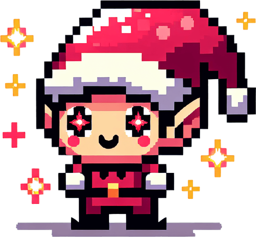16 bit sprite of a red eyed christmas elf Single Game Texture. In-Game asset. 2d. Blank background. High contrast. No shadows.