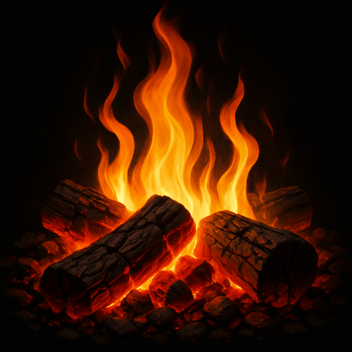 Brasas con llama, algo realista.
In-Game asset.  2d.  High contrast.  No shadows