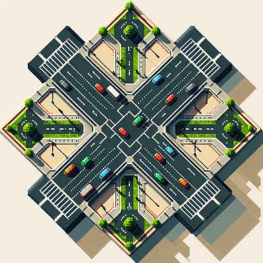 top down view of a big crossroad, pixelart style, from above.
Single Game Texture. In-Game asset. 2d. Blank background. High contrast. No shadows.