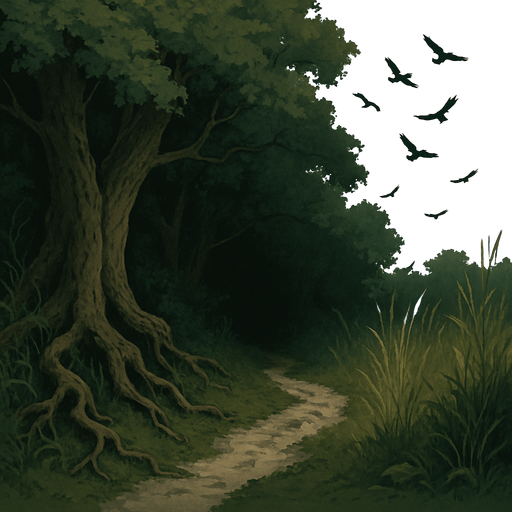 The edge of a thick medieval forest, tangled roots and wild grass, birds flying above, a worn path leading into shadow, realistic.
In-Game asset.  2d.  High contrast.  No shadows