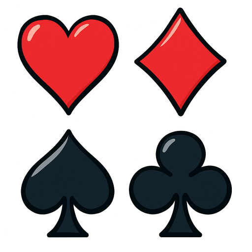 The four card suits. Hearts, diamonds, spades and clubs. Anime style..
In-Game asset.  2d.  High contrast.  No shadows