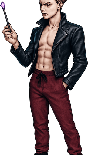 Swishy graceful man Cyberpunk manga, black leather biker jacket longsleeves shirtless Skinny abs blonde undercut pompadour vampire fangs guy, magic gemstone tipped wand, wine red joggers, combat boots, idle animation standing twirling wand, Background removed, "Full-body character, entirely in frame, no cropping of face, head, or feet" "Complete character visible, from head to toe, fully centered in the image" "Entire character, including hair face and boots, fully within the frame" Character fully contained within frame, no edges cut off, fashion model style of vogue magazine Hair through boots visible