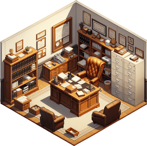 insde manager office.
Single Game Texture.  In-Game asset.  2d.  Blank background.  High contrast.  No shadows