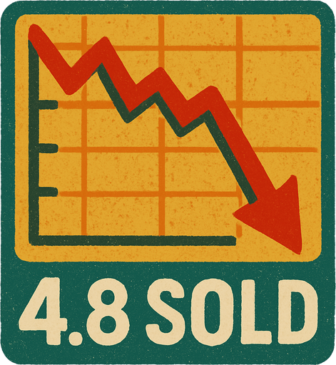 Borsa grafiği oluştur grafiğin yönü aşağı yönde olsun .Altında "4.8 SOLD"  şeklinde bir yazı yazsın . retro temada olsun !.
In-Game asset.  2d.  High contrast.  No shadows