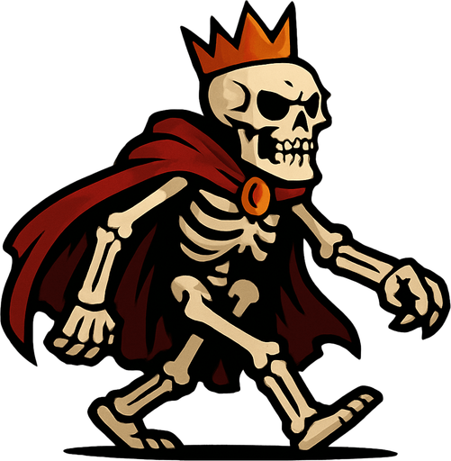 ölümsüz kemikler kralı sağdan sola yürüyor gibi.
In-Game asset.  2d.  High contrast.  No shadows