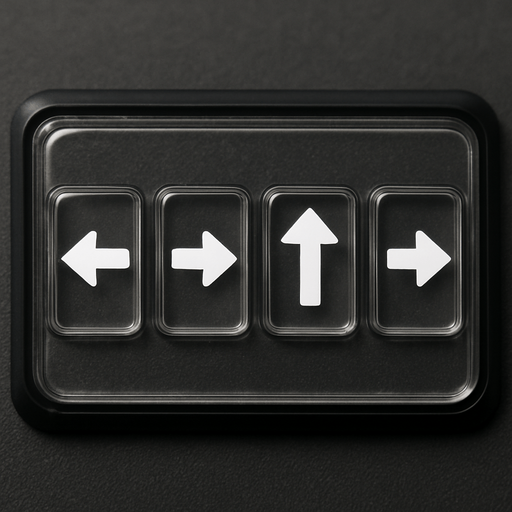 Photorealistic transparent rectange dj deck sample buttons with black rounded corners, front view. White Left, Right, Up, Down arrows, next to each other, front view