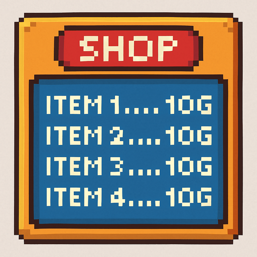 shop written menu tabela pixel.
In-Game asset.  2d.  High contrast.  No shadows