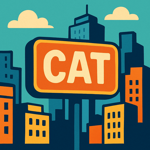 Şehir ve arkaplanında cat yazan bir tabela.
In-Game asset.  2d.  High contrast.  No shadows