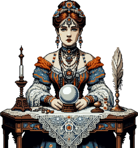 Madam curio sits in front of you. She is an Edwardian era fortune teller. She is seen from the waist up in front of an ornate table.. Single Game Texture. In-Game asset. 2d. Blank background. High contrast. No shadows. Full color pixel art..
Single Game Texture. In-Game asset. 2d. Blank background. High contrast. No shadows.