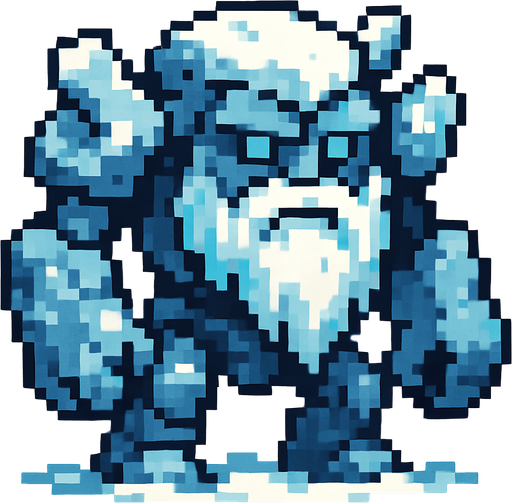 buz golemi (sakalıı buz güzlü  kar gibi yerleri olan ama buz olan yerleride olan ) pixel art bide.
In-Game asset.  2d.  High contrast.  No shadows