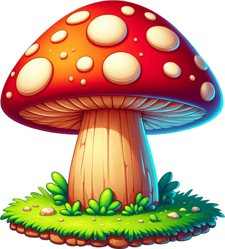 Generate a cartoon-style giant mushroom obstacle for a helicopter game. It should be colorful, exaggerated in size, and fun in appearance, with a thick stem and a big cap. Use soft shadows and vibrant tones..
Single Game Texture.  In-Game asset.  2d.  Blank background.  High contrast.  No shadows