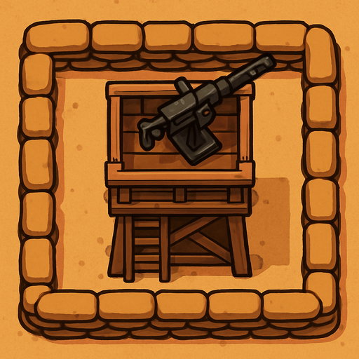 Top view of an small defense Military tower Brown in the desert, the image has a square border outlined by military defense sandbags.
In-Game asset.  2d.  High contrast.  No shadows
