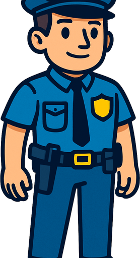 mavi polis giysili, cebinde silah olan tüm vücudu görünen bir polis.
In-Game asset.  2d.  High contrast.  No shadows