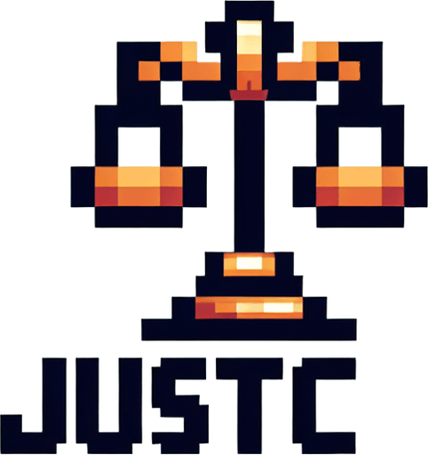 justice logo. 8-bit. cartoon..
Single Game Texture. In-Game asset. 2d. Blank background. High contrast. No shadows.