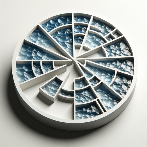 top view of a circle of water sliced into many pieces, flat image..
2d, white background, shadowless.