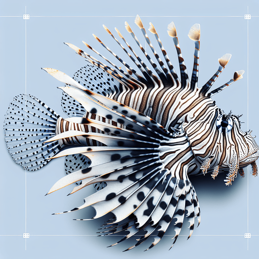 a realistic lionfish.
Single Game Texture. In-Game asset. 2d. Blank background. High contrast. No shadows.