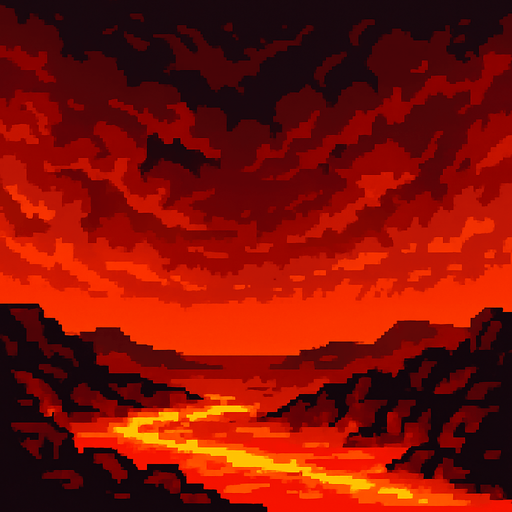 Volcanic sky, red-orange fiery clouds, lava glow effect, hot atmosphere, dramatic red gradient, 2D pixel art.
In-Game asset.  2d.  High contrast.  No shadows