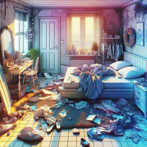 dağınık bir yatak odası, odanın içinden görünüm 3d renkli