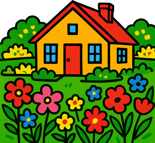 let there be a house and let the house be surrounded by lawns and flowers.
In-Game asset.  2d.  High contrast.  No shadows