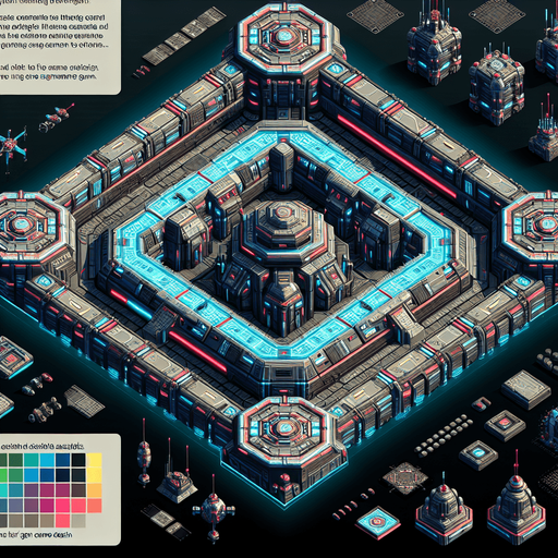 top down defend scifi strong hold.
Single Game Texture.  In-Game asset.  2d.  Blank background.  High contrast.  No shadows