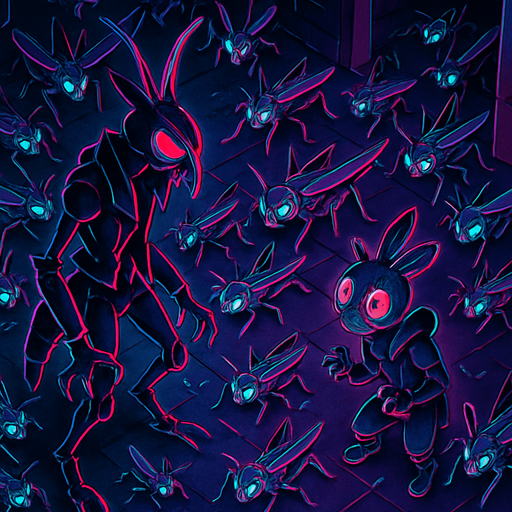 Neon cyberpunk horror anime top down isometric Lokix Nymble robot locusts swarming