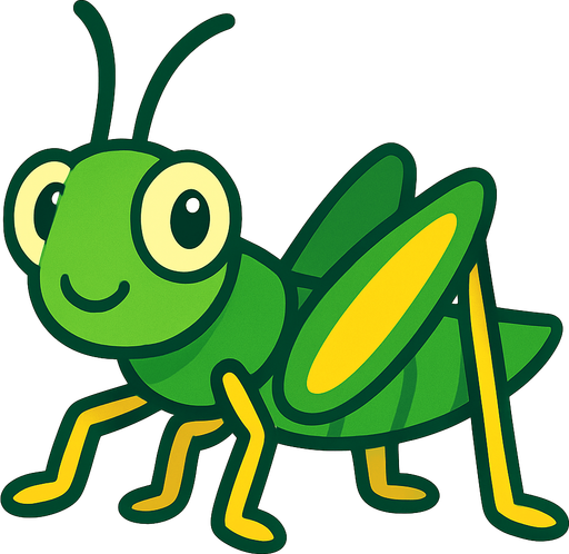 yeşil ve sarı renkli sevimli çekirge.
In-Game asset.  2d.  High contrast.  No shadows