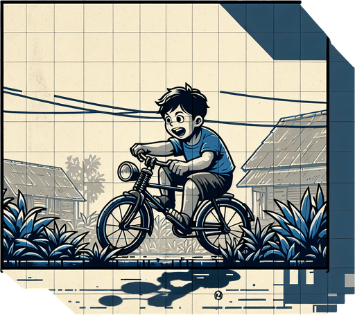A village a boy run a cycle.
Single Game Texture. In-Game asset. 2d. Blank background. High contrast. No shadows.