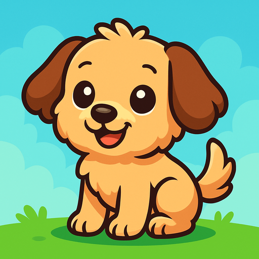 A cute cartoon-style dog character designed for a mobile game. Fluffy fur, big round eyes, floppy ears, small black nose, wagging tail, standing or sitting with a joyful and friendly expression. Light brown or beige color, simple colorful background. High-quality digital illustration, perfect for a kids game..
In-Game asset.  2d.  High contrast.  No shadows. cartoon style