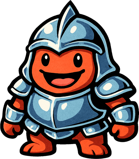 Monster with shiny armor and a helmet. Monster has a happy face.
In-Game asset.  2d.  High contrast.  No shadows