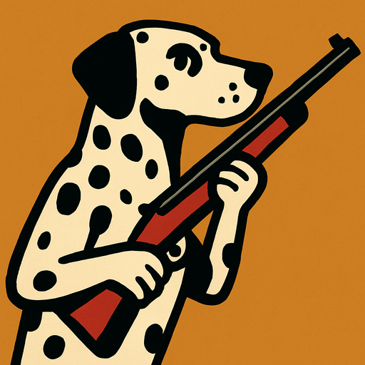 dalmation dog holding a gun.
In-Game asset.  2d.  High contrast.  No shadows. hunting