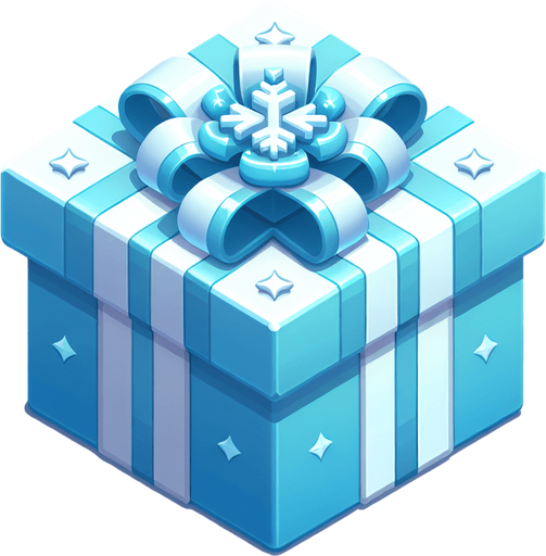 A big light blue decorated christmas gift, isometric view Single Game Texture. In-Game asset. 2d. Blank background. High contrast. No shadows.