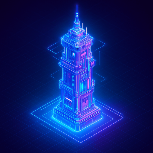 Top down isometric neon cyberpunk anime tower spire 3d hologram glowing  3d hologram hd large