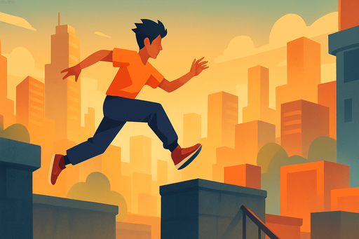 Fullscreen modern App Store landscape banner, 16:9, high definition, for a game titled "Parkour Runner Challenge" and with the description "Navigate your character through endless randomly generated parkour obstacles using simple touch controls in this challenging runner game.". No text on banner!