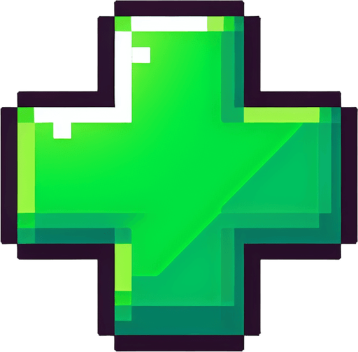 green plus sign
Single Game Texture. In-Game asset. 2d. Blank background. High contrast. No shadows. pixel. 8 bit