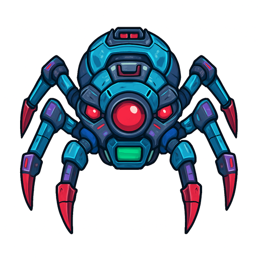 different cyber spider small enemy from the front side facing camera. HD colors. separated
In-Game asset.  2d.  High contrast.  No shadows