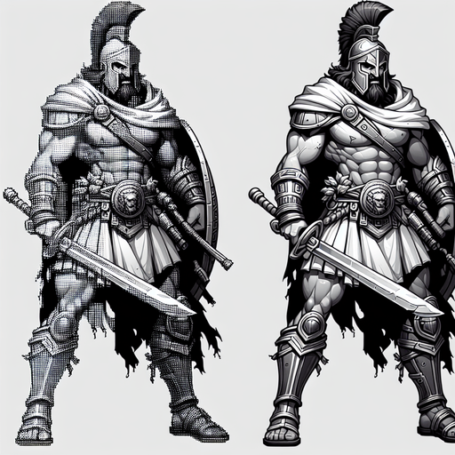 An animated image of an aggressive ancient greek warrior.
Single Game Texture. In-Game asset. 2d. Blank background. High contrast. No shadows.