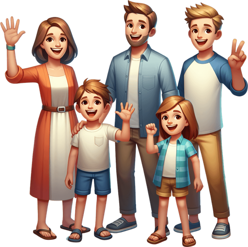 A smiling family waving..
Single Game Texture. In-Game asset. 2d. Blank background. High contrast. No shadows.