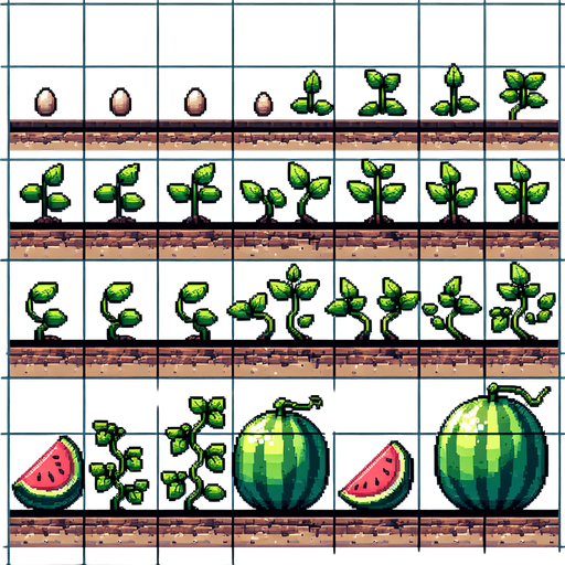 A spritesheet showing a watermelon plant in various stages of germantion, from seed over sapling and to full grown plant, and then the ripe watemelon. The sprites should be laid out in a rectangular grid with blank space between them.. Single Game Texture. In-Game asset. 2d. Blank background. High contrast. No shadows..
Single Game Texture. In-Game asset. 2d. Blank background. High contrast. No shadows.