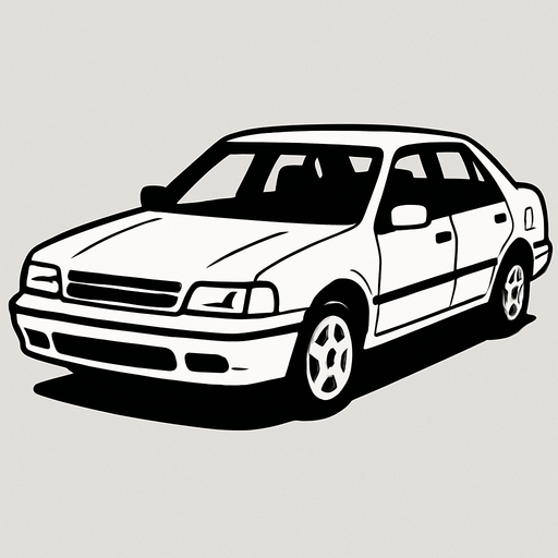 A white car.
In-Game asset.  2d.  High contrast.  No shadows