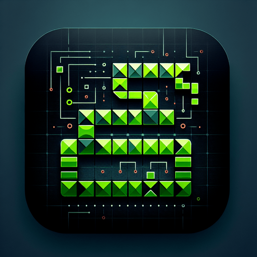 A square app store icon with rounded edges, designed for a hacking game about connecting a line. The icon features a highly angular, pixelated snake-like line in bright green, built from sharp, connected shapes aligned perfectly within a square grid. The snake's angular, segmented design conveys the strategic and technological theme of the game.

The background is a subtle dark gradient, transitioning from deep grey to black, with faint grid lines barely visible to suggest a digital environment. Scattered subtly in the background are tiny red dots, representing bugs, blending seamlessly into the design without overpowering the focus on the snake. The overall look is clean, modern, and sharp, embodying the futuristic and technical essence of the game..
Single Game Texture. In-Game asset. 2d. Blank background. High contrast. No shadows.