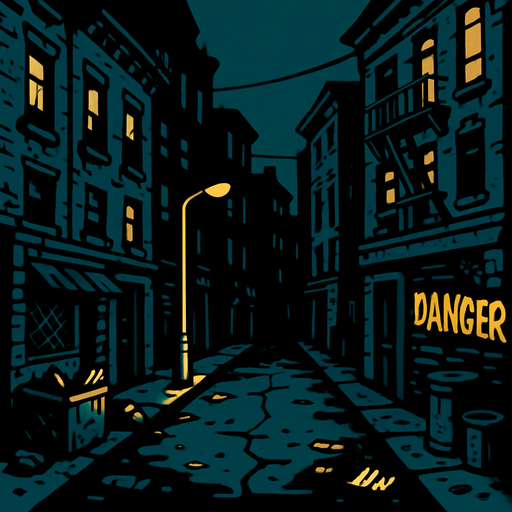 una calle de una ciudad peligrosa con edificios viejos en la parte de arriba.
In-Game asset.  2d.  High contrast.  No shadows